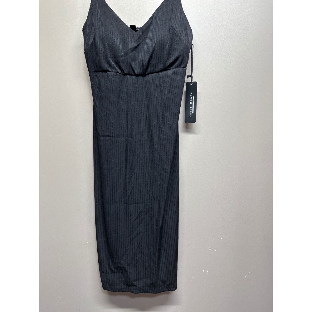 Haute Monde Black Pinstripe‎ Metallic Spaghetti Strap Sheath Dress Size Small